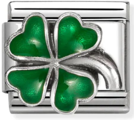 Good Luck - Raised Green Four Leaf Clover Silver Charm