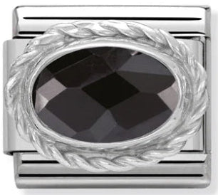 Gemstones - Black Oval CZ Faceted Twist Silver Charm