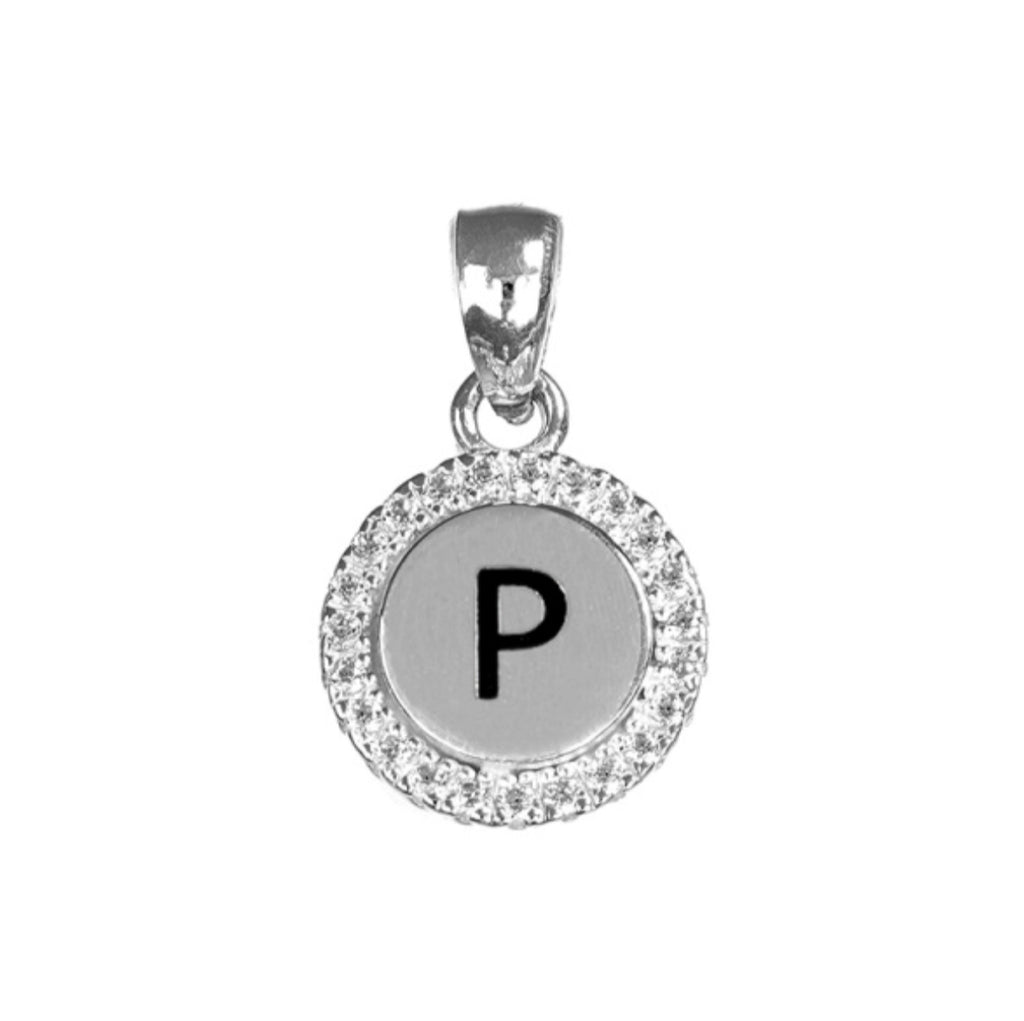 Round White CZ Silver Initial Charm