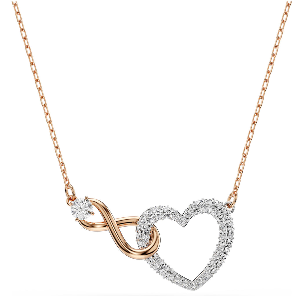 Hyperbola: White Infinity and Heart Crystal Rosegold & Silver Necklace