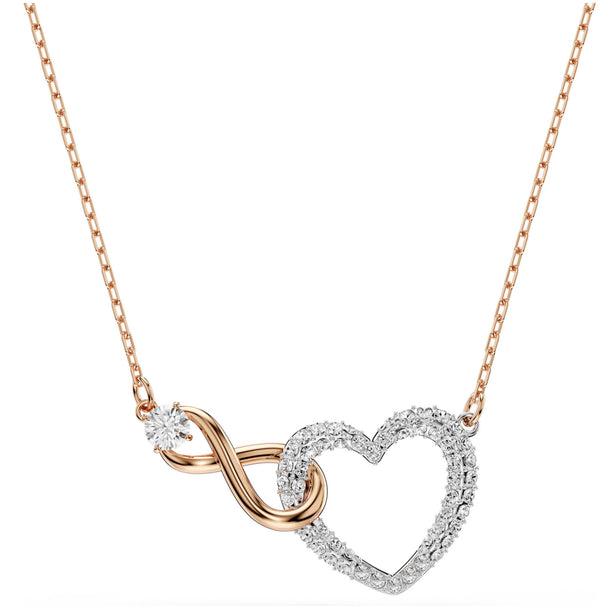Hyperbola: White Infinity and Heart Crystal Rosegold & Silver Necklace