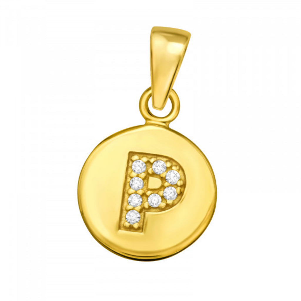 Round Disc White CZ Gold Plated Initial Pendant