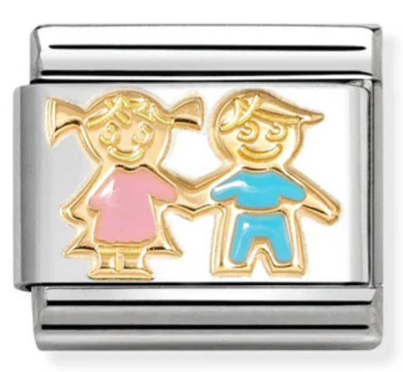 Family - Brothers & Sisters with Blue & Pink Enamel Gold Charm
