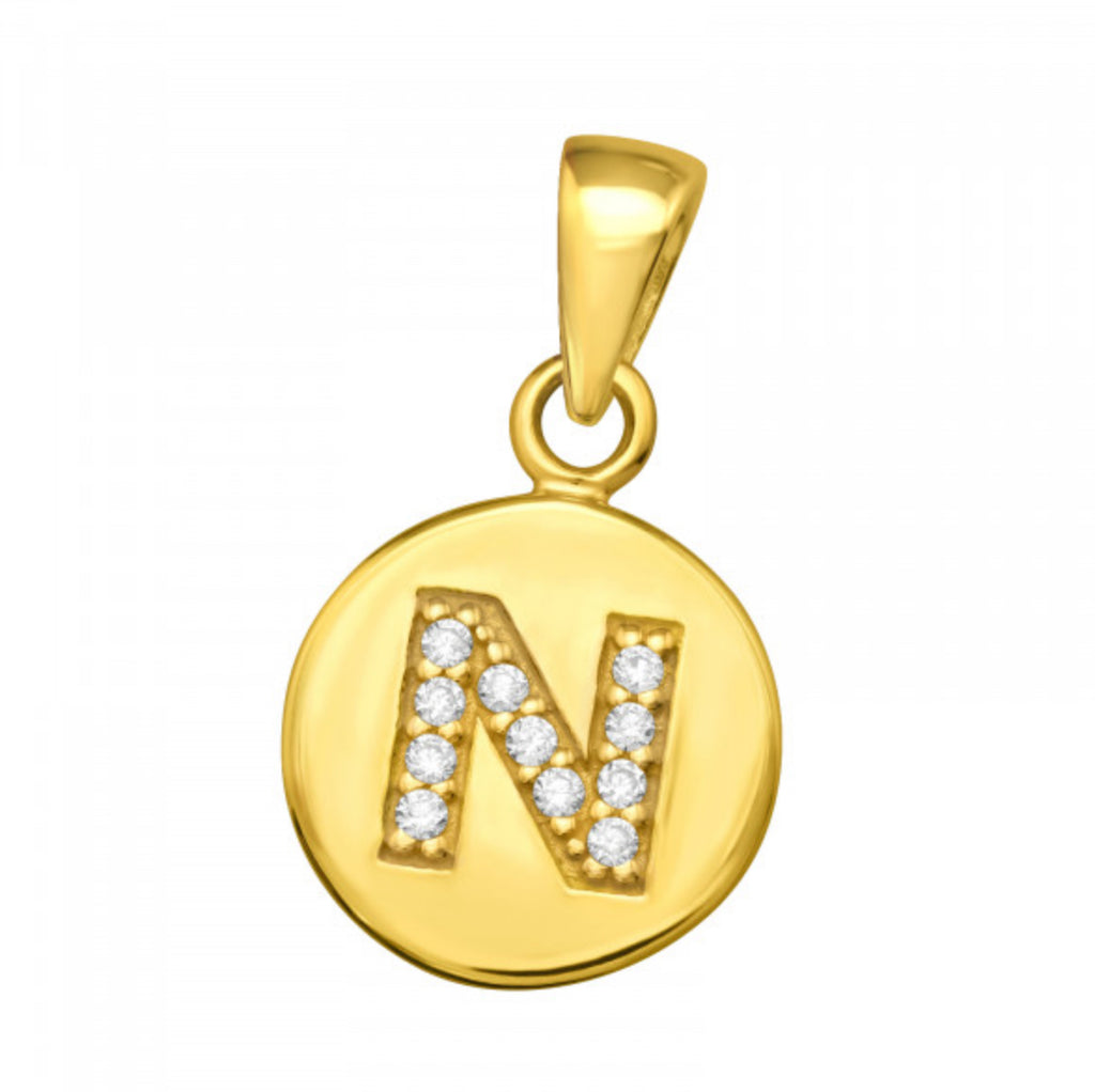 Round Disc White CZ Gold Plated Initial Pendant