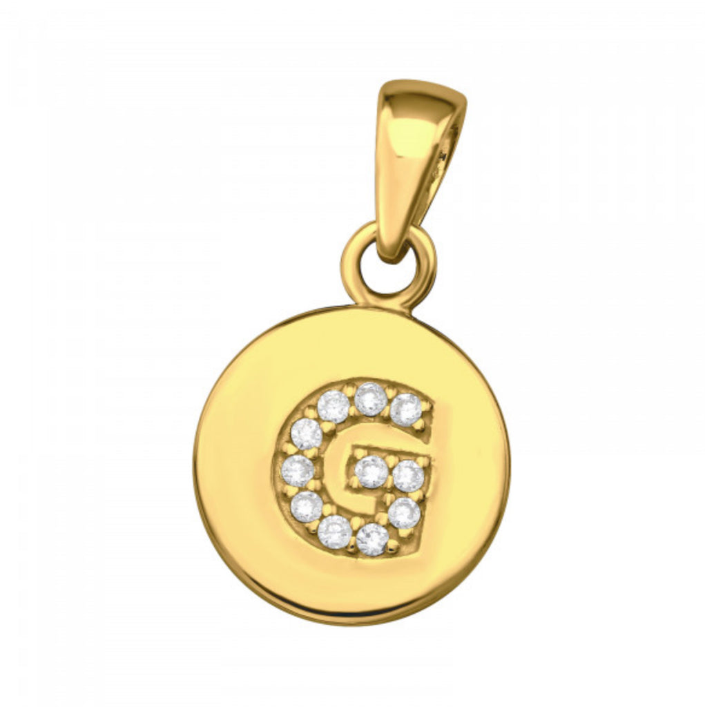 Round Disc White CZ Gold Plated Initial Pendant