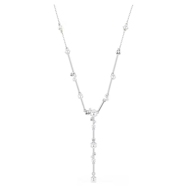 Constella: Pearl & White Round Cuts Silver Y Necklace
