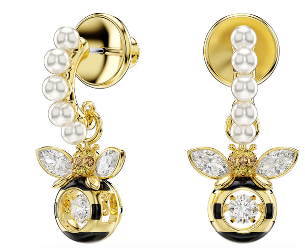 Idyllia: Crystal Pearl/Multicoloured Mixed Cuts Crystal Bee Gold Drop Earrings