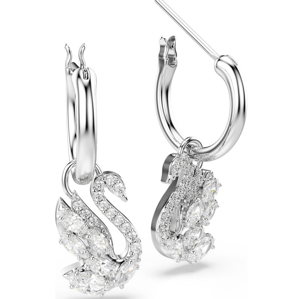 Swan: White Mixed Cut Crystals Swan Silver Hoop Drop Earrings