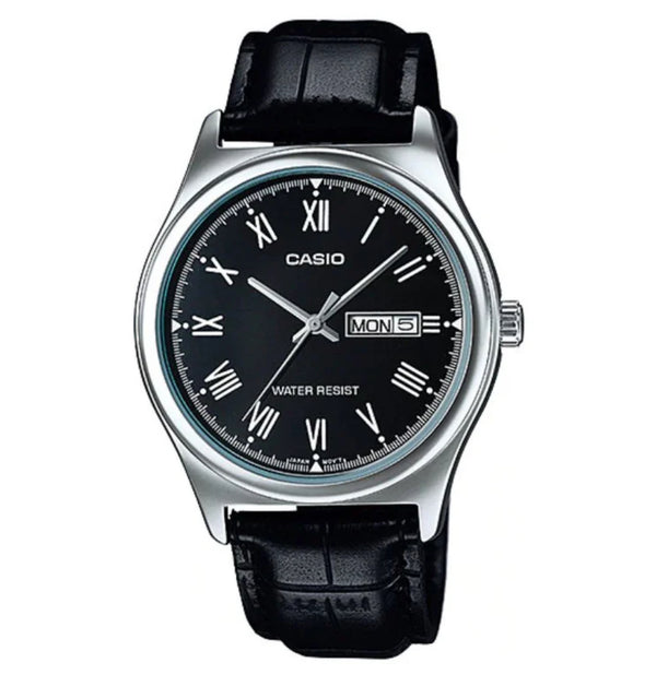 Casio Analogue Black Face Day + Date, Black Leather Band Watch