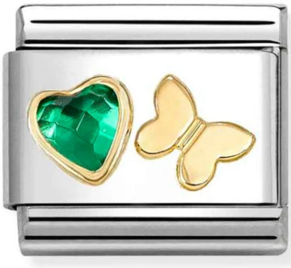 Love - Green CZ Heart & Butterfly Gold Charm