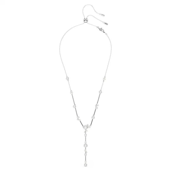 Constella: Pearl & White Round Cuts Silver Y Necklace