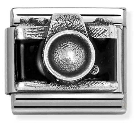Symbol - Camera Relief with Black Enamel Silver Charm