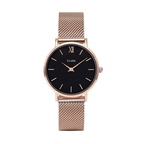 Minuit: Black/Rosegold Mesh Watch