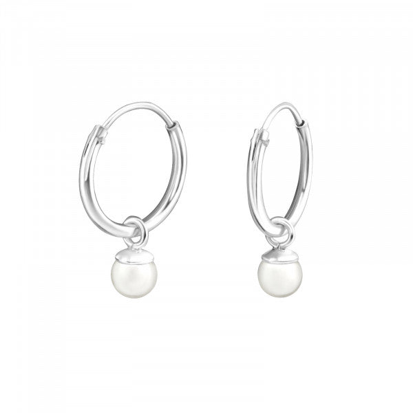 Silver Ear Hoops with Hanging Synthetic Pearl