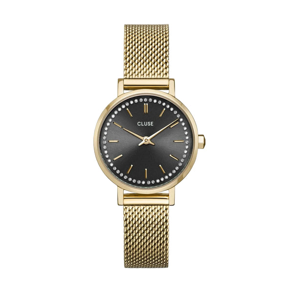 Boho Chic Petite: Black Dial with Crystal Gold Mesh Watch