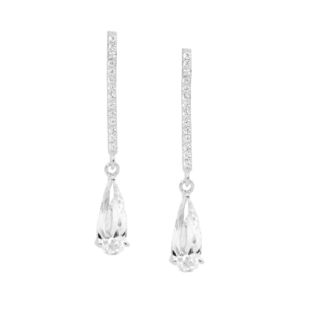 White Drop CZ Bar with Long Tear CZ Silver Earrings