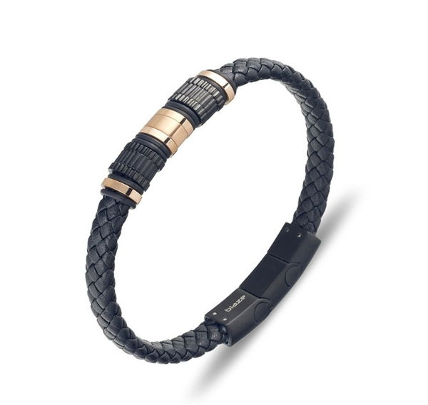 Bracelet - Blaze Stainless Steel Men’s Black Leather with Rosegold Detailing Bangle