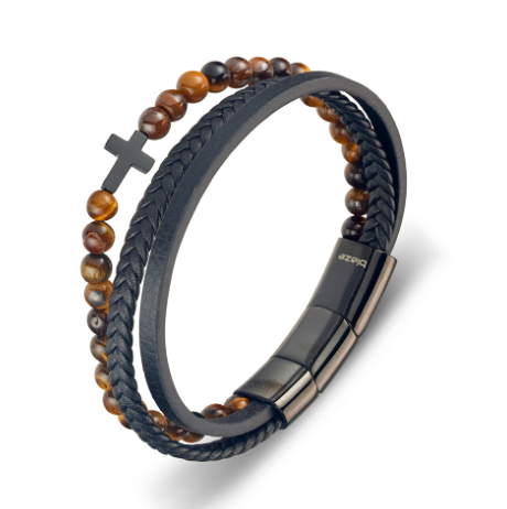 Blaze Men's Yellow Tiger Eye and Multi-Strap Leather Bangle with Shiny Black Cross