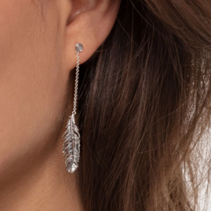 Feather Drop Silver Stud Earrings