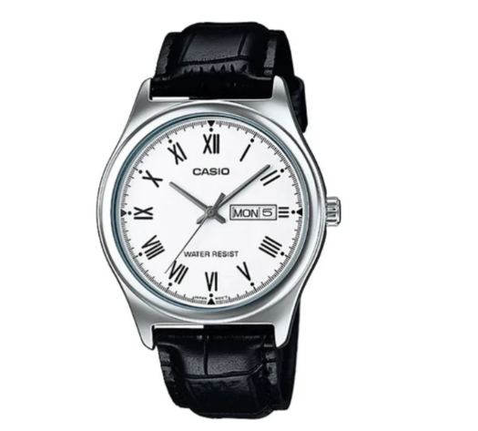 Casio Analogue White Face, Black Leather Band Watch