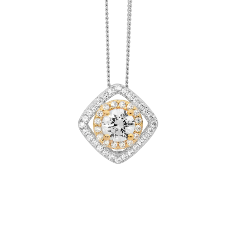 White CZ Solitaire with Double Round Square Halo Pendant in Gold Necklace