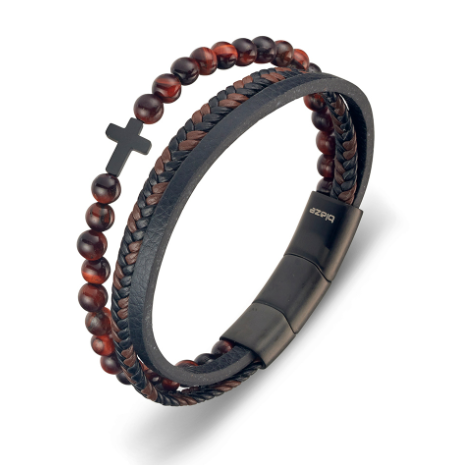 Blaze Men's Red Tiger Eye and Multi-Strap Leather Bangle with Matte Black Cross