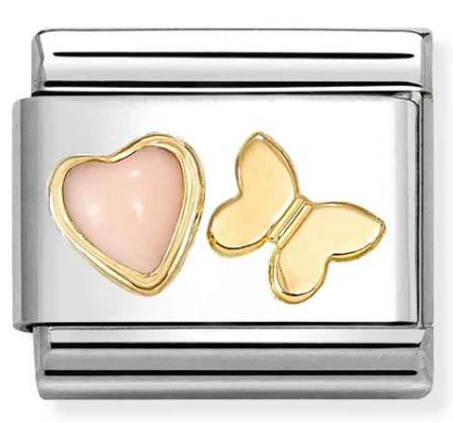 Nature - Pink Coral Heart with Butterfly Gold Charm