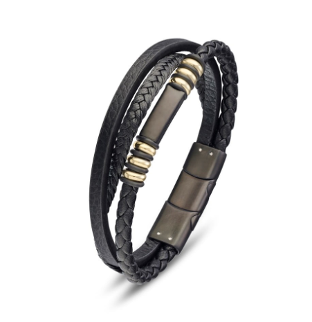 Blaze Men's Black Leather Multi Strand Bangle with Gold Details and Matte Black Clasp