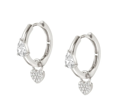 Lucentissima: Pave CZ Heart Sterling Silver Hoop Earrings