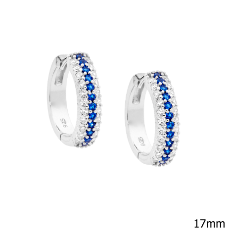 White CZ & Dark Blue CZ 3 row Silver Hoop Earrings