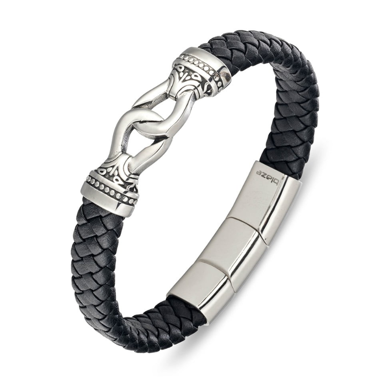 Bracelet - Blaze Stainless Steel Men’s Black Leather Bangle with Steel Details