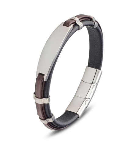 Blaze Stainless Steel Leather Bangle featuring Metal Detail with ID Plate