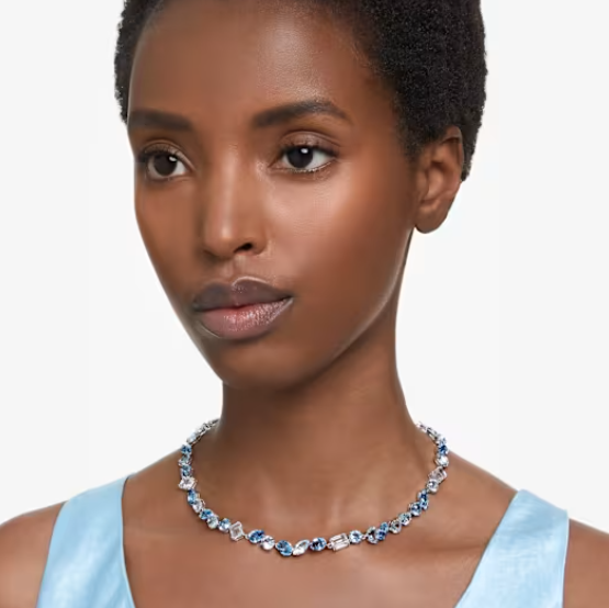 Gema Necklace - mixed cuts, blue, rhodium plated