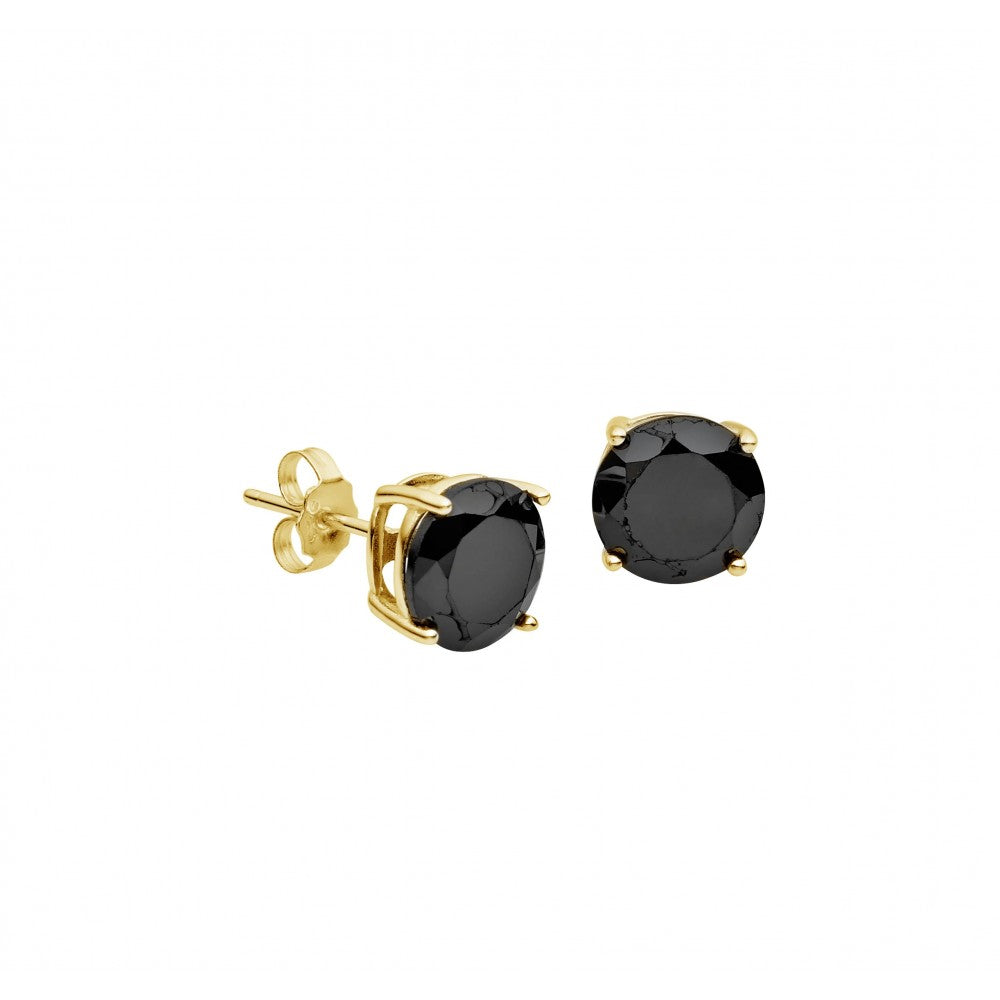 Earring -  Round Black Cubic Zirconia Gold Studs - 3 Sizes