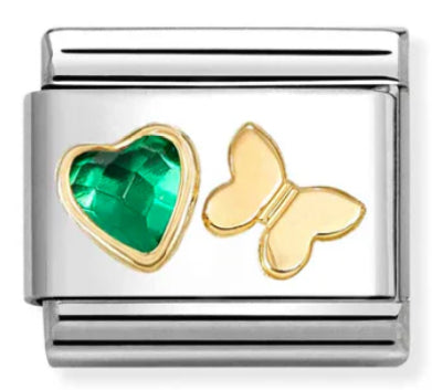 Love - Green CZ Heart & Butterfly Gold Charm