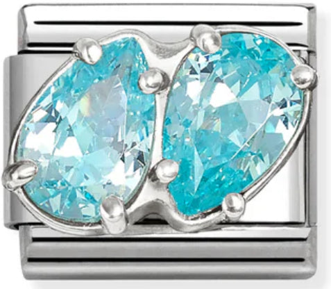 Gemstones - Raised Light Blue Twin CZ Teardrop Silver Charm