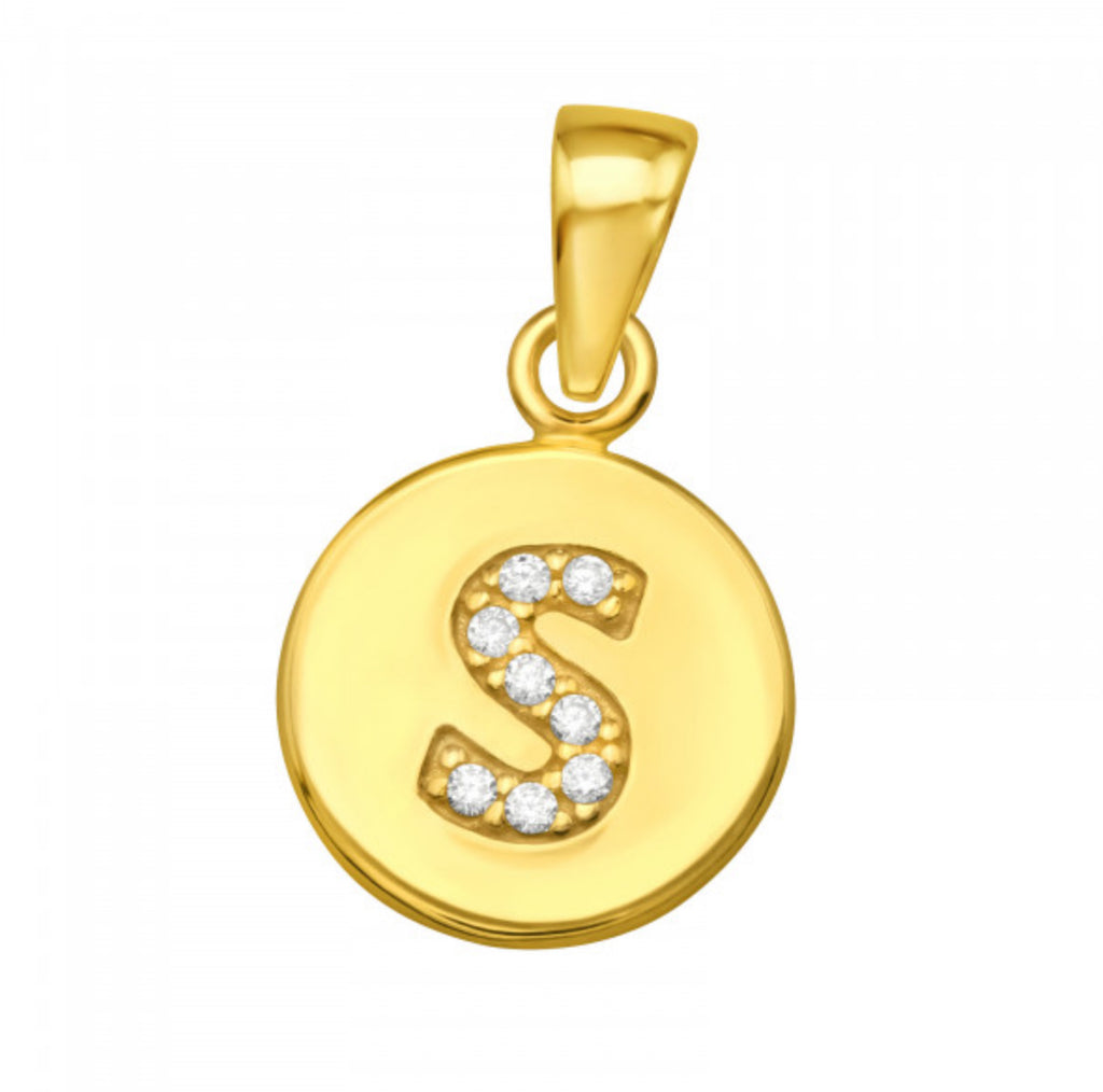Round Disc White CZ Gold Plated Initial Pendant