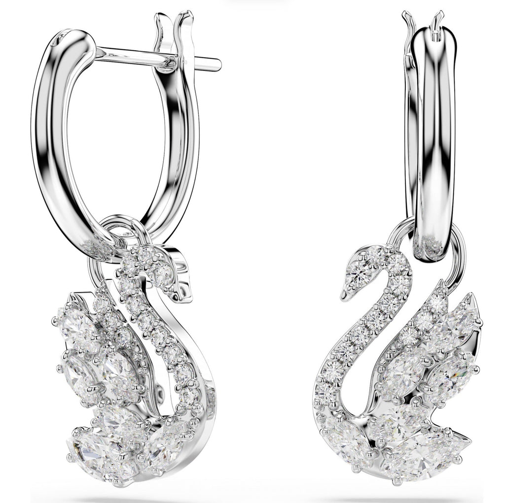Swan: White Mixed Cut Crystals Swan Silver Hoop Drop Earrings