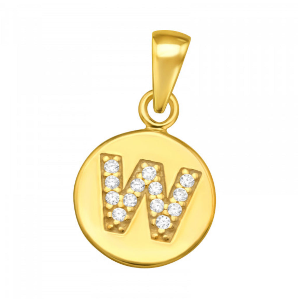 Round Disc White CZ Gold Plated Initial Pendant
