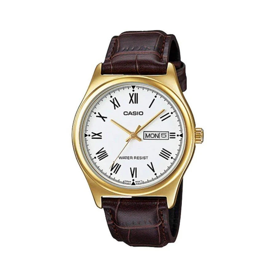 Casio Gents Analog White Face/Gold Rim Brown Leather Band Watch