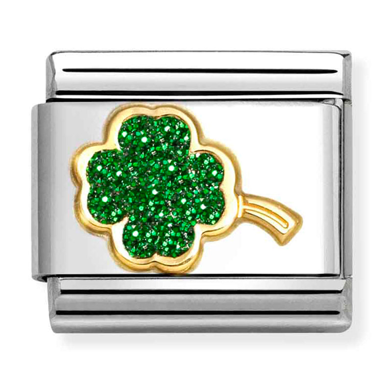 Good Luck - Glitter Green Four Leaf Clover Gold Charm