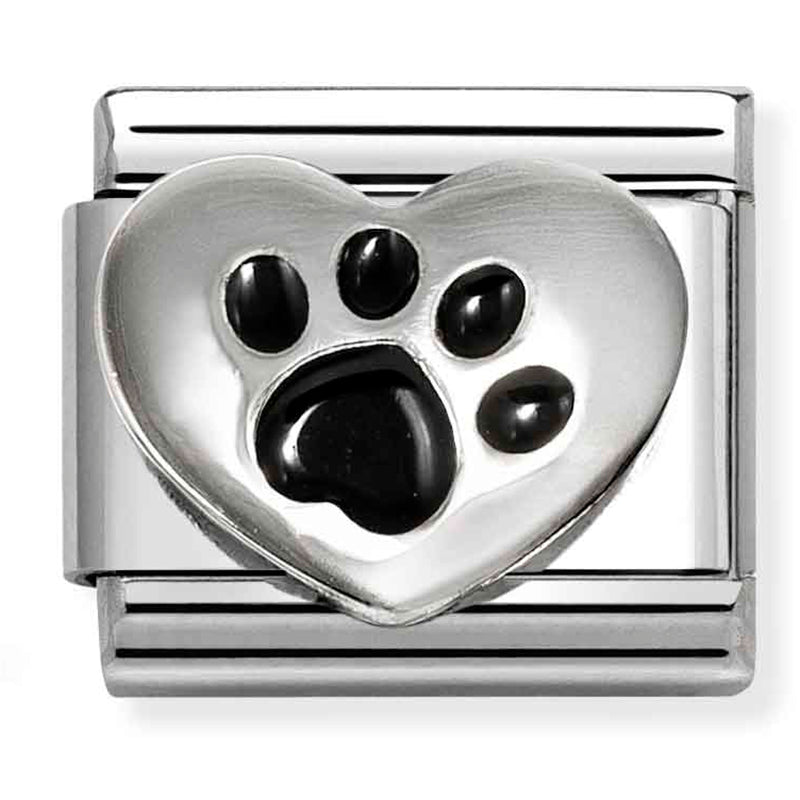 Animal - Paw Print with Black Enamel Heart Silver Charm