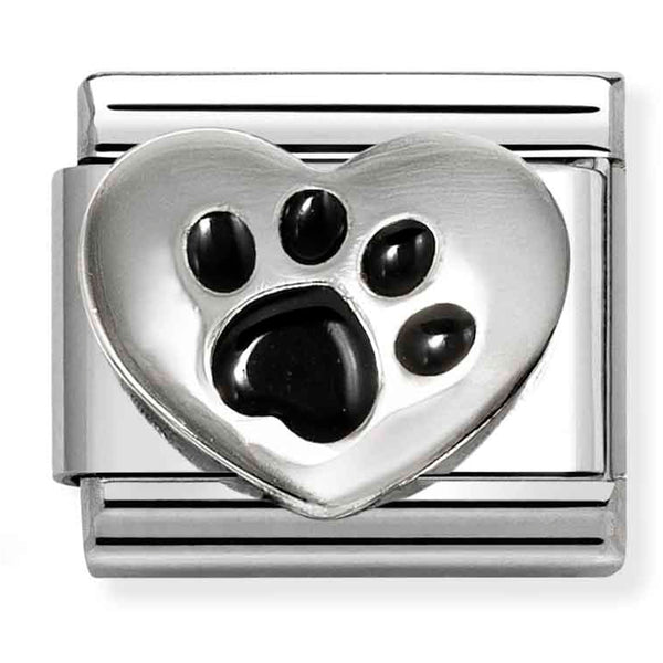 Animal - Paw Print with Black Enamel Heart Silver Charm