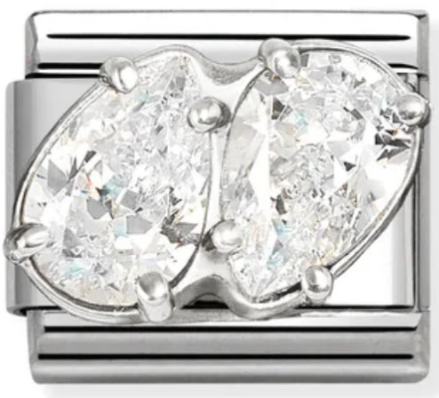 Gemstones - Raised White Twin CZ Teardrop Silver Charm