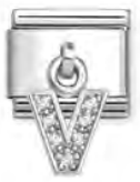 Silver - Letter V with CZ Dangle Charm