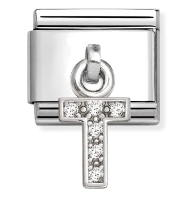 Silver - Letter T with CZ Dangle Charm