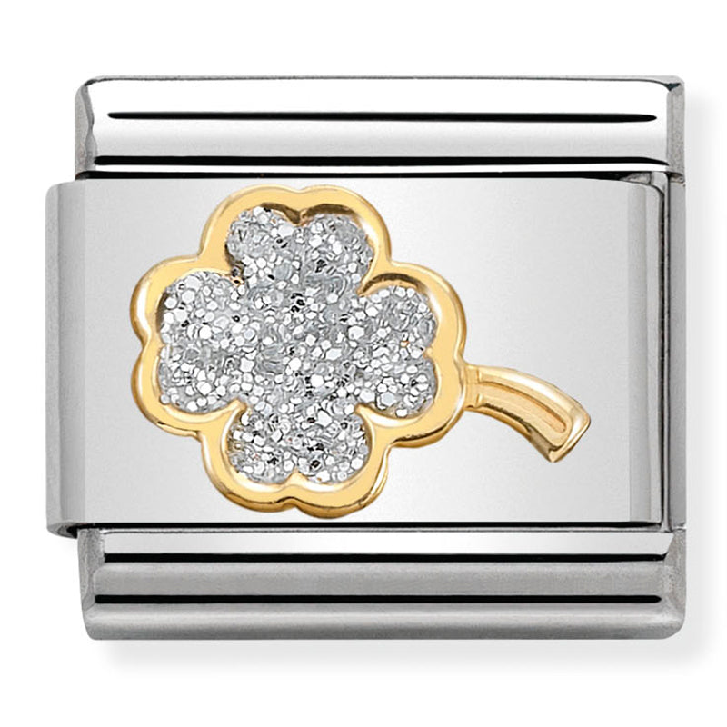 Good Luck - Silver Glitter Four Leaf Clover Gold Charm