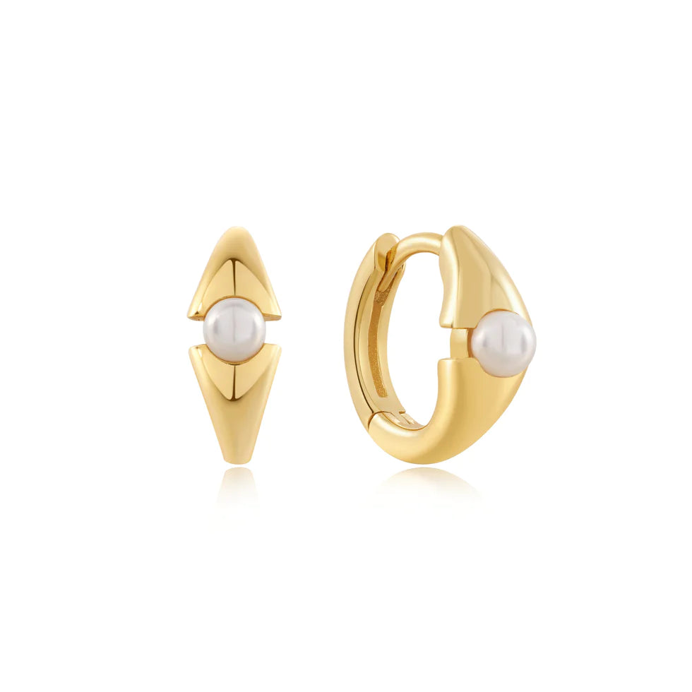 Modern Muse -  Pearl Geometric Gold Huggie Earrings