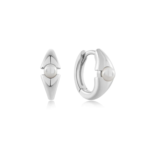 Modern Muse - Pearl Geometric Silver Huggie Earrings