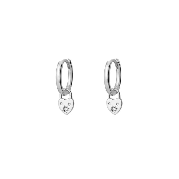 Earring -  Flat Heart Padlock Charm Huggie